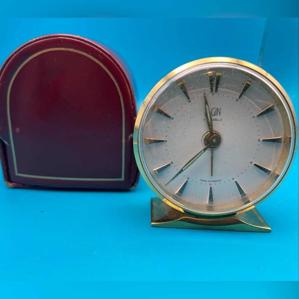 Elgin Travel  Alarm Clock w/ Case, TESTED , Brass Made In Germany, Manual